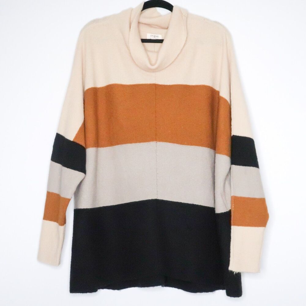 Umgee Womens Turtleneck Sweater Size Large Colorblock Cream Brown Orange Grey